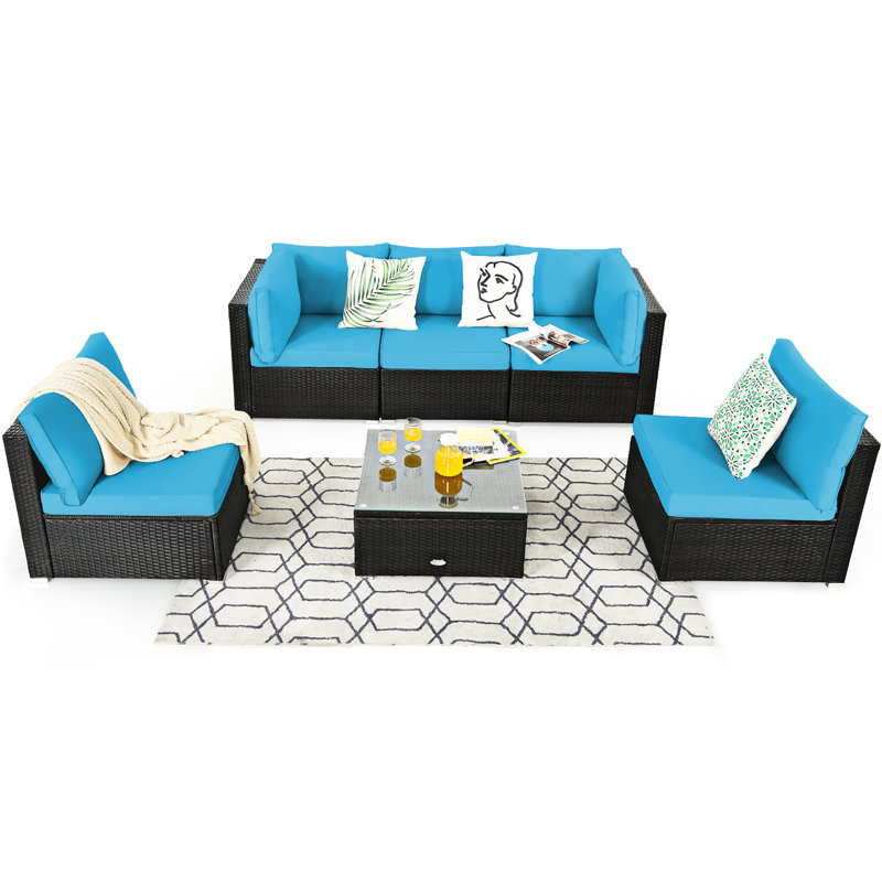 Ensemble de conversation modulaire en rotin 6 pièces avec coussins, Turquoise