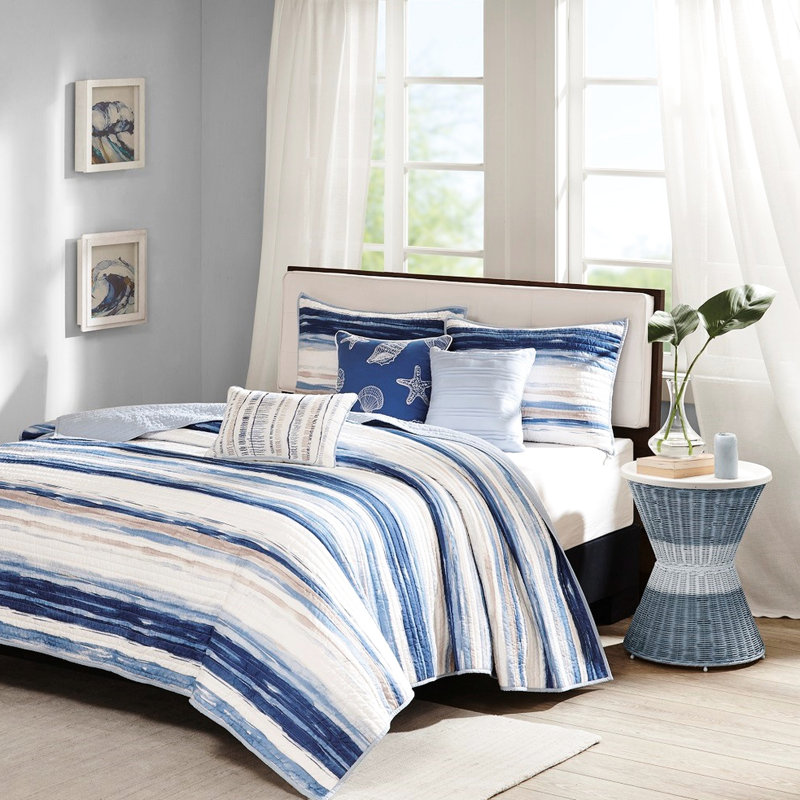 Courtepointe très grand / très grand 6 pièces - Collection de coussins à rayures bleues et aquarelles bleues, Bleu