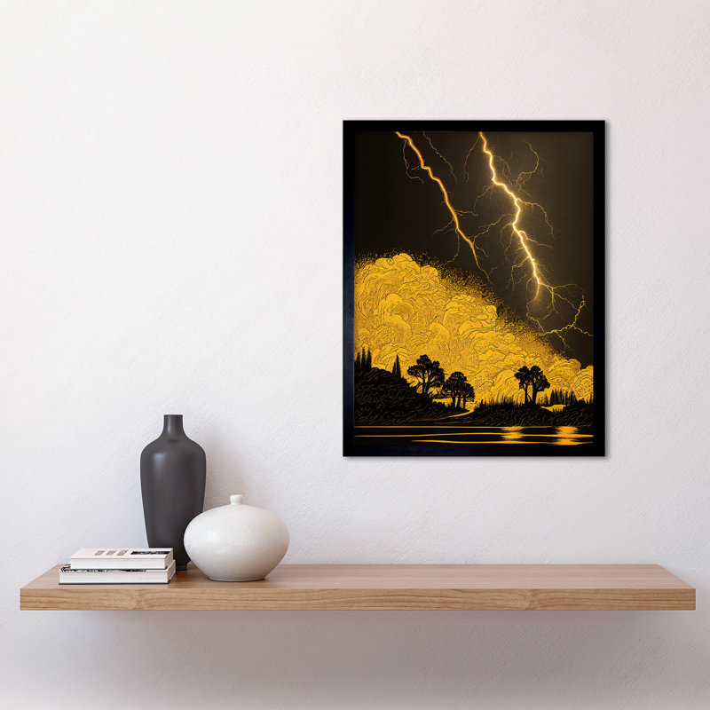 Gold Black Thunder Storm Lightning Lakeside - Single Picture Frame Print