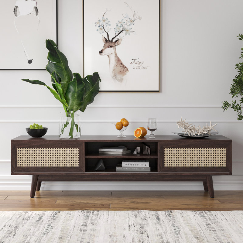 Mid Century Modern Tv Stand With Sliding Doors, Dark Walnuit, 65"