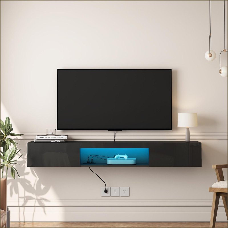Meuble télé flottant de 63 po avec 16 couleurs DEL et fixation murale pour téléviseur de 55 à 65 po | Noir |