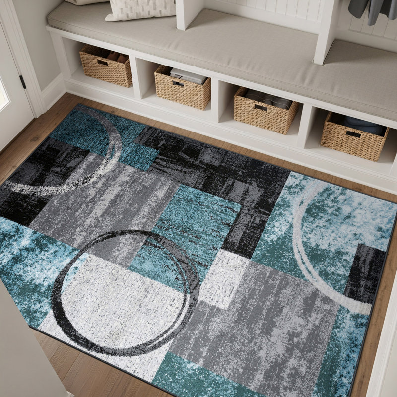 Tapis moderne performance gris, ivoire et bleu à motif abstrait Fanton, Rectangle 3 pi 4 po x 5 pi, Bleu/gris