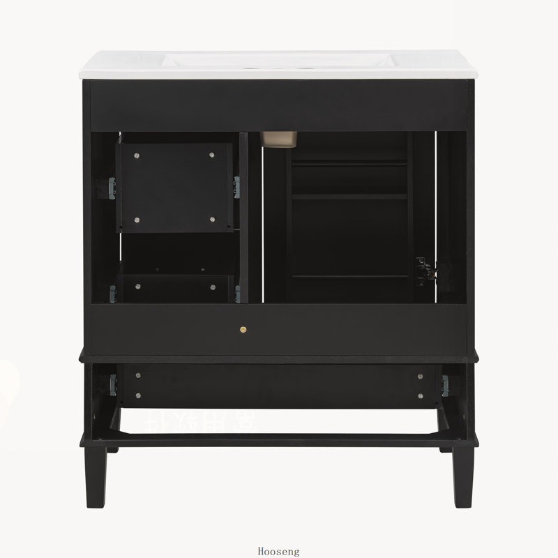 Meuble-lavabo noir de 76 cm (30 pouces) avec 1 porte et 3 tiroirs à fermeture amortie, structure en bois massif, Black