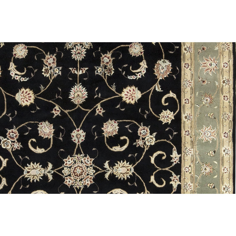Hand-Knotted High-Quality Black and Green Area Rug