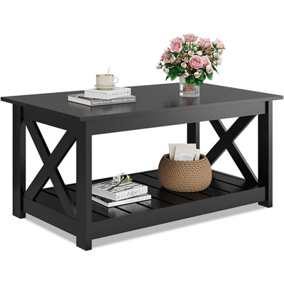 Farmhouse Coffee Table With Slatted Storage And X-Frame Design,Black – Wood & Metal / Farmhouse