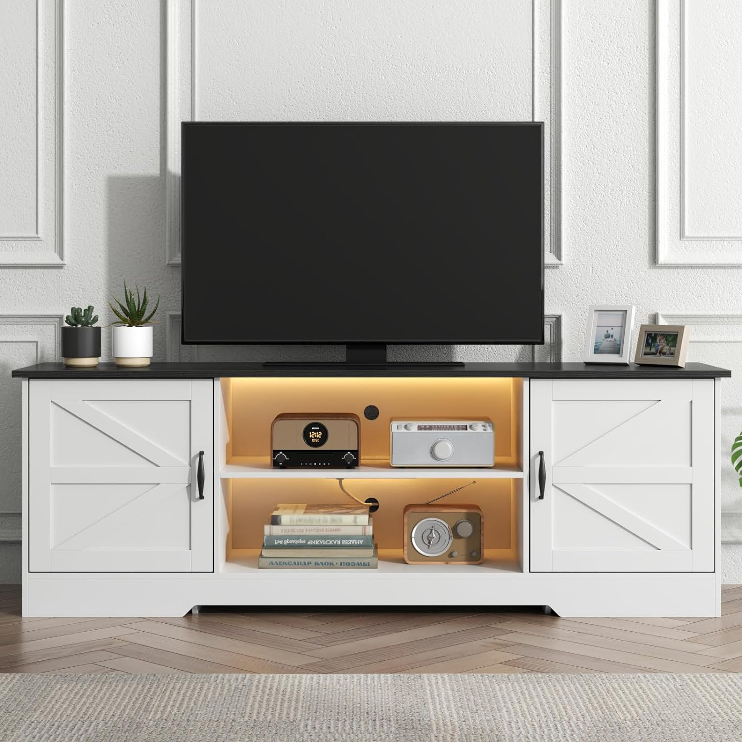 Ebern Designs Valsamis Farmhouse TV Stand for 65 inch TV with Power