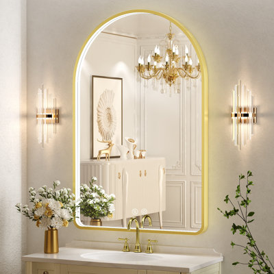 Miroir de salle de bain à DEL avec lumières, miroir de salle de bain arqué avec antibuée, température de 3 couleurs, fonction de mémoire, à intensité variable