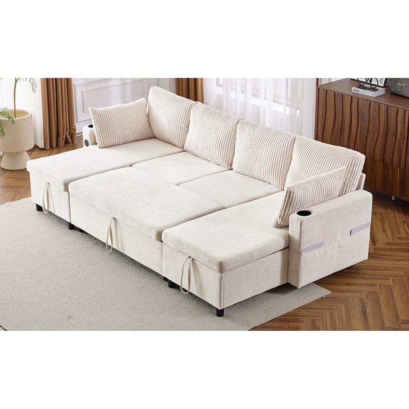 113.4" Sectional Sofa Pull-Out Sofa Bed Versatile Sofa Sleeper With Large Storage Space, Two USB Ports And Two Cup Holders For Living Room