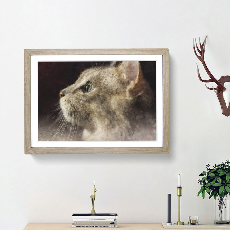 Curious Cat - Picture Frame Graphic Art Print, Oak Framed, 45cm H x 63cm W x 2cm D