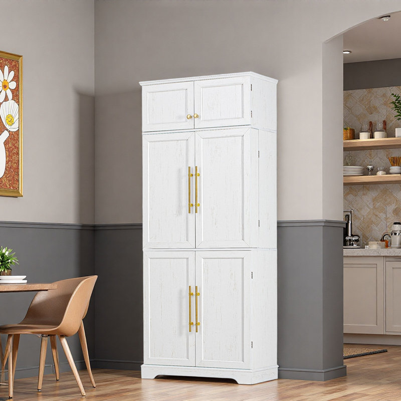 Grand garde-manger de style campagnard avec 8 tablettes de porte, tablettes réglables, tiroir caché et porte-bouteilles