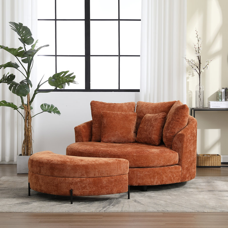 Upholstered Barrel Chair With Ottoman, Burnt Orange Chenille