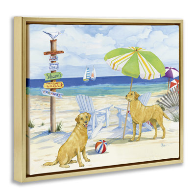 Retriever Dogs at Beach Framed Floater Canvas Wall Art by Paul Brent