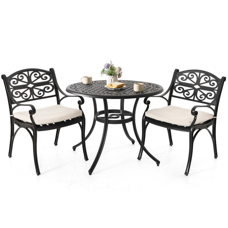 Outdoor 3-Piece Patio Set Cast Aluminum Bistro Table and Chairs of 2, with Umbrella Hole and Cushions for Patio, Balcony, Black with Gold-Painted Edge