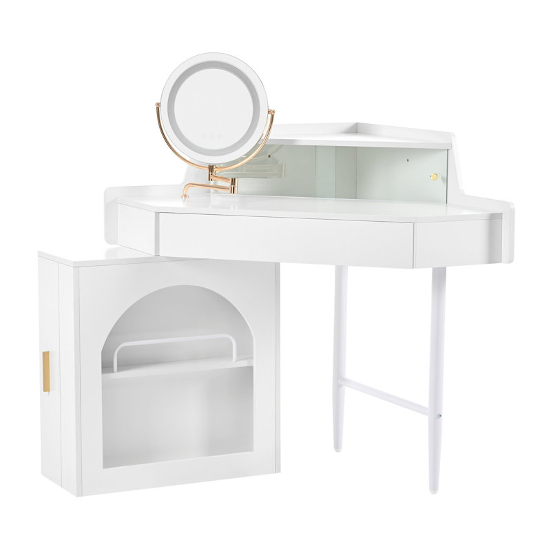 Corner Makeup Vanity Desk With Adjustable Folding Mirror, 3-color Led Lighting, Adequate Storage And Stool