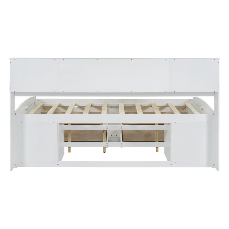 Full Size Wood Daybed with 2 Bedside Cabinets, Upper Shelves and 4 Drawers, White