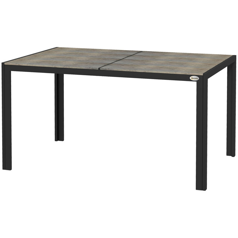 Table de salle à manger d'extérieur pour 6 personnes Outsunny, table de patio rectangulaire en aluminium avec plateau en faux bois pour cour, pelouse, balcon, bord de piscine, 55 po x 35,5 po, gris