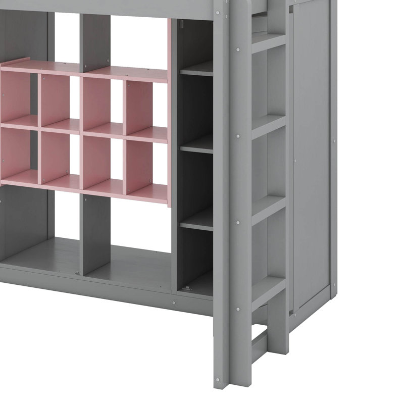 Lit mezzanine simple en bois avec garde-robe, tablettes et armoire, Gris / Rose