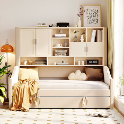 Upholstered Daybed With Pop Up Trundle, Storage Bookcase And Lights