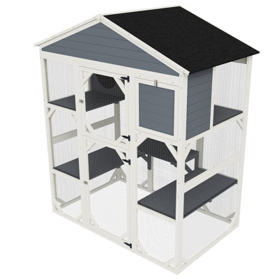 Maison pour chat en bois gris avec 2 espaces de couchage, 3 plateformes d'escalade, un coffre-fort et une maison de repos