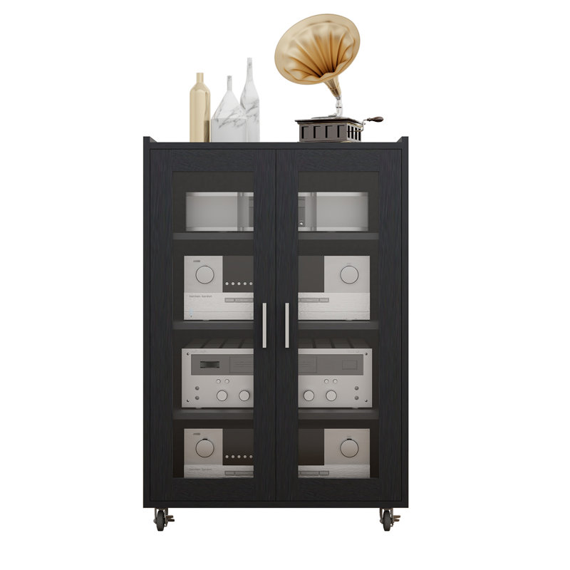 Media Storage Cabinet, Audio-Video Media Stand,Stereo Cabinet With 4 Height-Adjustable Shelves, , Black