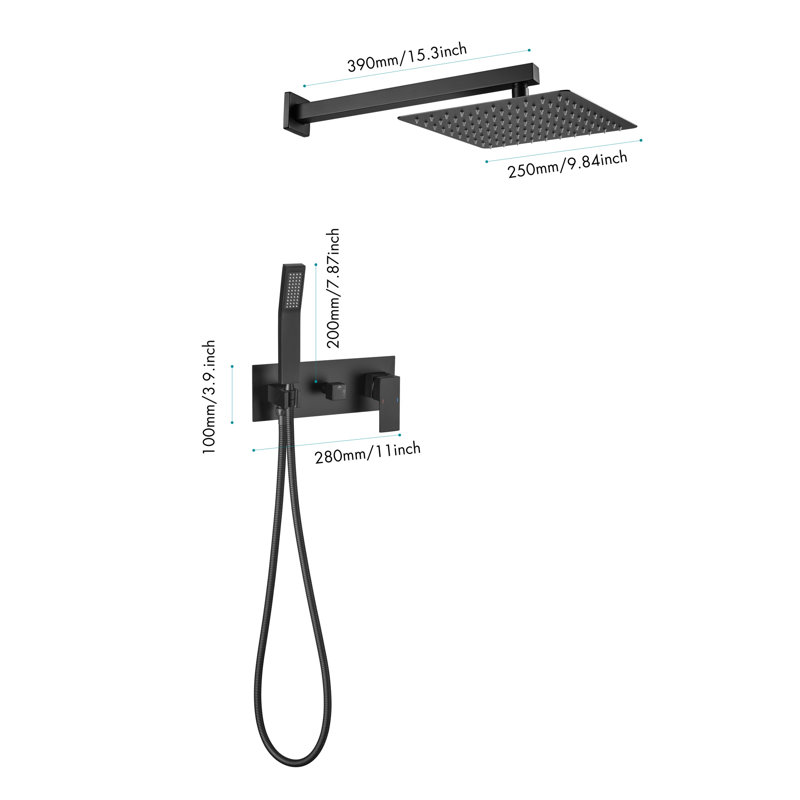 Matte Black Bathroom Shower Faucet Kit - 10 Inch Rainfall Head With Handheld , Luxury Brass Rain Mixer , , Rough-In Valve Included 10" & Included, Self-Cleaning Nozzle