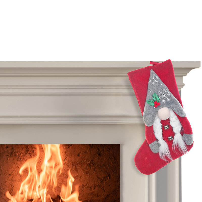 Red Polyester Christmas Stocking with Snowflake Gnome Design
