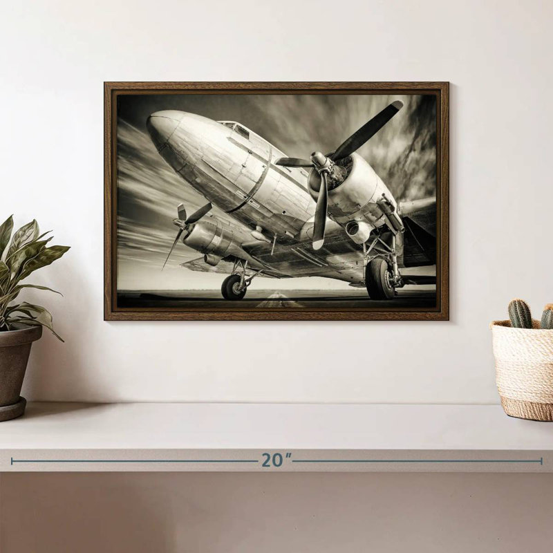Avion rétro monochrome, 13 po x 9 po, Cadre flottant noyer