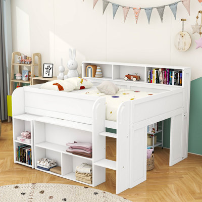 Lit mezzanine double en bois avec tablettes, bureau roulant et lumière DEL