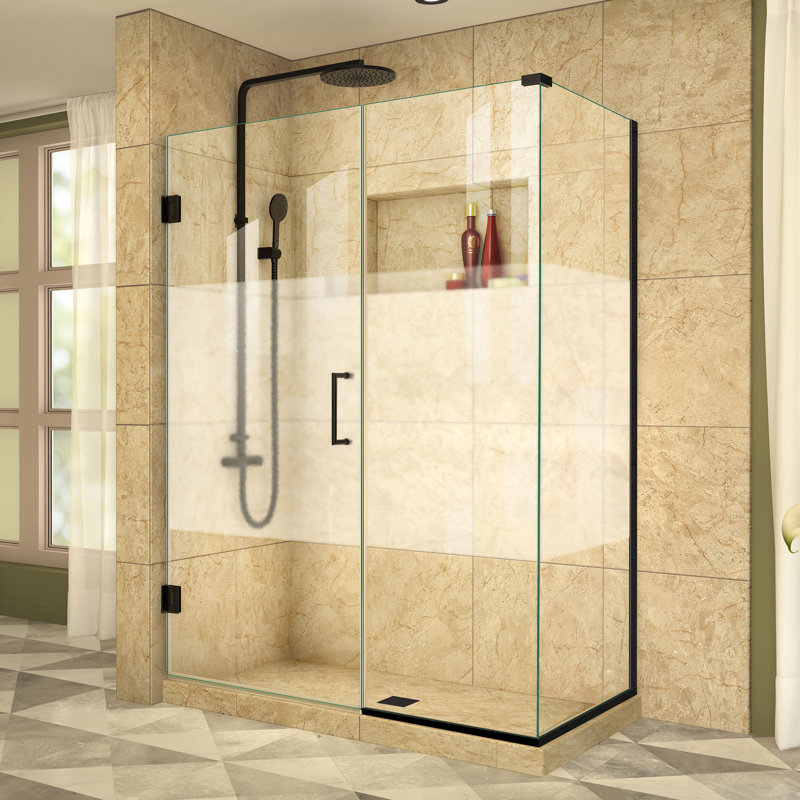 Unidoor Plus 45.5" W x 34.375" D x 72" H Frameless Pivot Rectangle Shower Enclosure with Fixed Panel, Matte Black