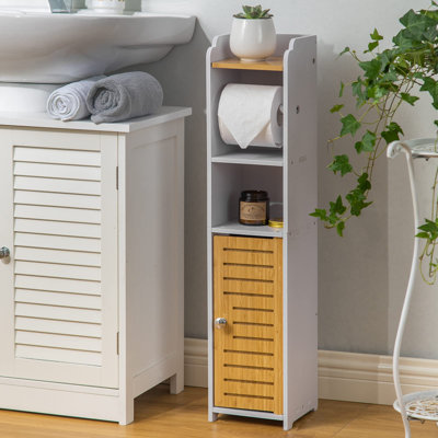 Compact Waterproof Bathroom Storage Cabinet - Bamboo & White Design, 30"H Freestanding Toilet Paper Organizer, Ideal For Small Spaces And Bathrooms