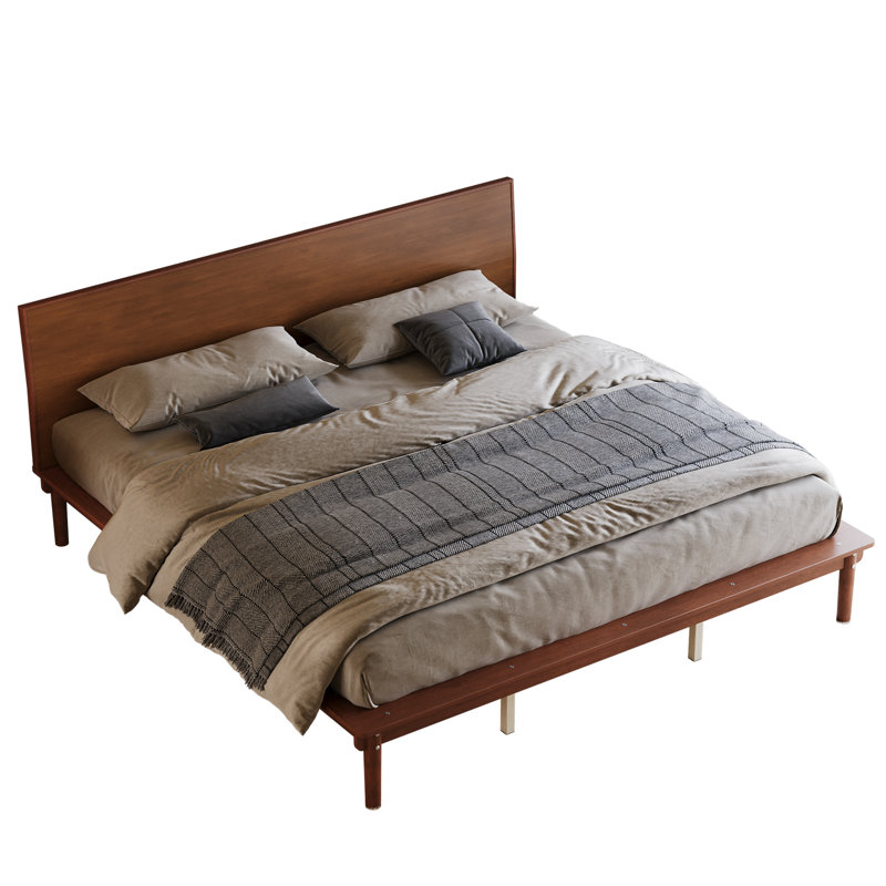 Lit plateforme King style Mid-Century Modern, cadre en bois bas avec tête de lit inclinée, lattes robustes, sans sommier, noyer