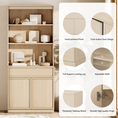 Modern 72" Tall Bookshelf with Doors, Drawers & Adjustable Shelves, Library Bookcase with Storage Cabinet and Open Shelving, Wood Bookcase for Home Of
