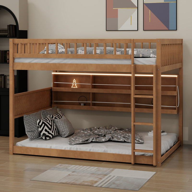 Lit superposé avec tablettes intégrées, lumières à changement de couleur et panneau perforé, Lit superposé double sur double