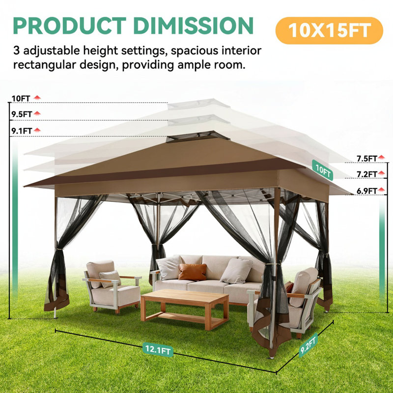 COBIZI 10x15 FT Pop up Gazebo Outdoor pop up Canopy Tent Patio Gazebos for Camping,Garden,Deck,Backyard, Brown