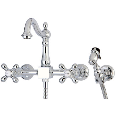 Kingston Brass Heritage Double-Handle 3-Hole Wall-Mount Bridge Kitchen Faucet with Brass Sprayer