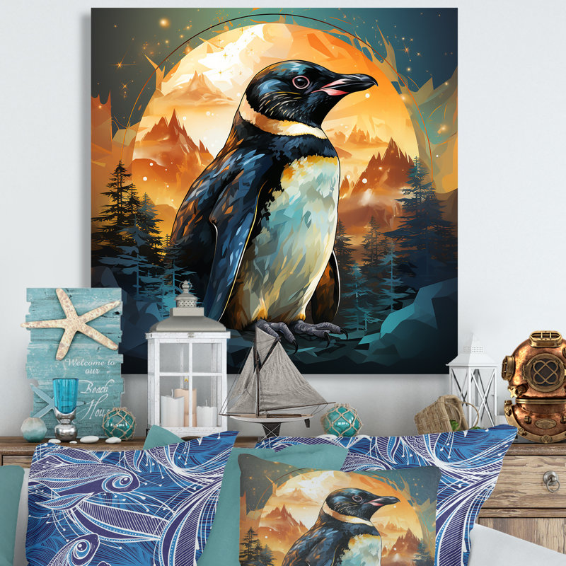 Sunset Penguin Icebound Charm II - Penguin Wall Art, 36" H x 36" W x 1.5" D, Wrapped Canvas