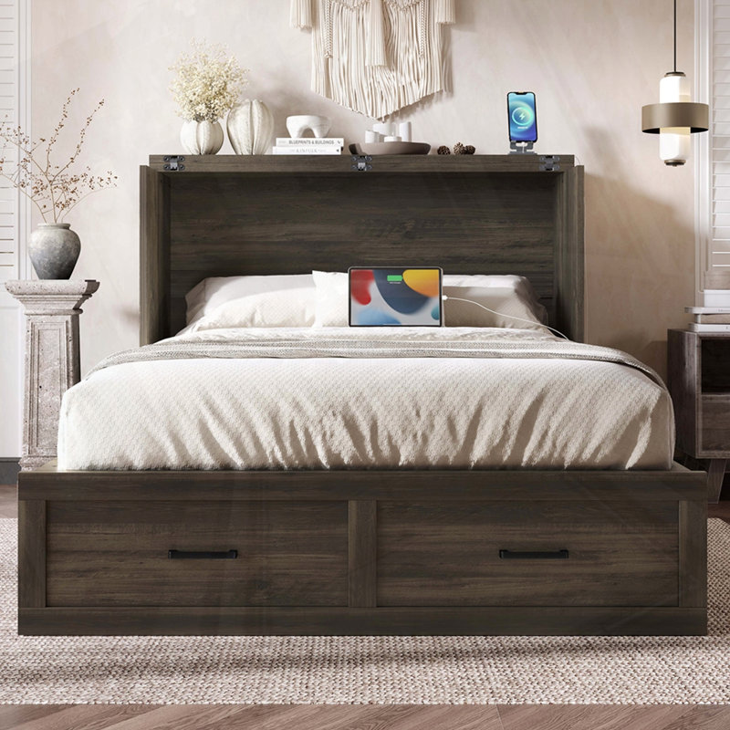 Lit plateforme multi-fonctionnel pliable avec tiroir, gris, Double