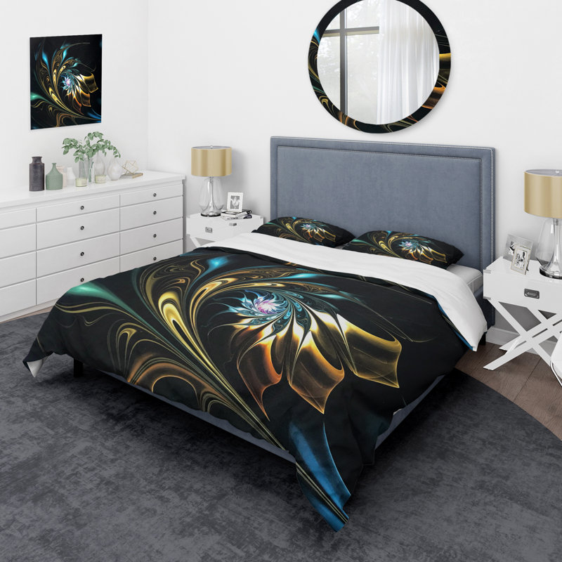 Ensemble de housse de couette à motif floral brun et bleu fractal en noir, Housse de couette très grand + 2 taies décoratives