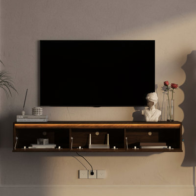 Étagère de salon flottante pour téléviseur avec finition brillante, éclairage à DEL et bloc d'alimentation - armoire 3 standards, 2 ports, lumières de fonction de rangement, prise de courant