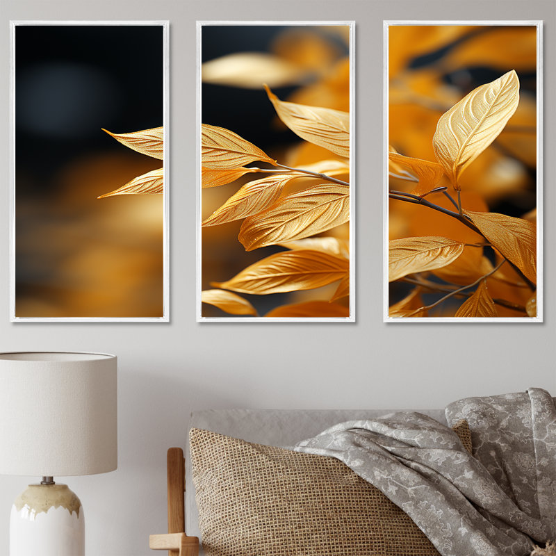 Feuilles d'or - ensemble d'art mural feuilles, H 40 po x l 60 po x P 1 po, Cadre flottant blanc