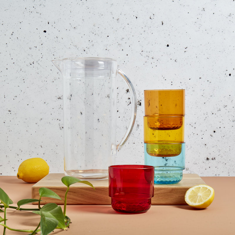 Clear Acrylic Pitcher with Colorful Stacking Tumblers Set