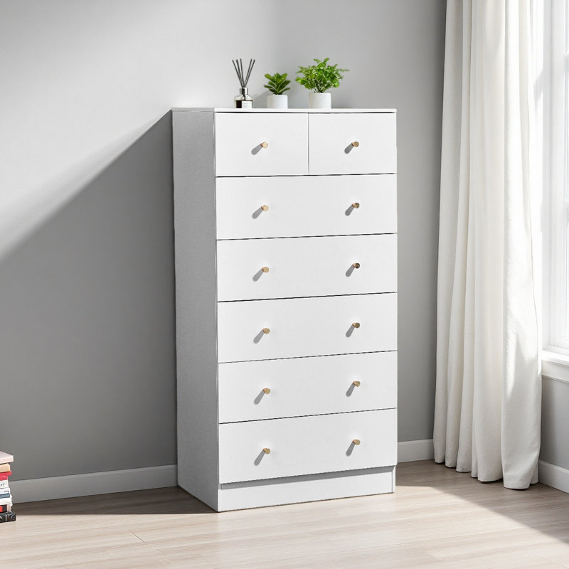 Panneau de particules avec placage de mélamine, 66 * 40 * 131 cm, armoire 5 + 2 tiroirs, poignées or mat, Blanc