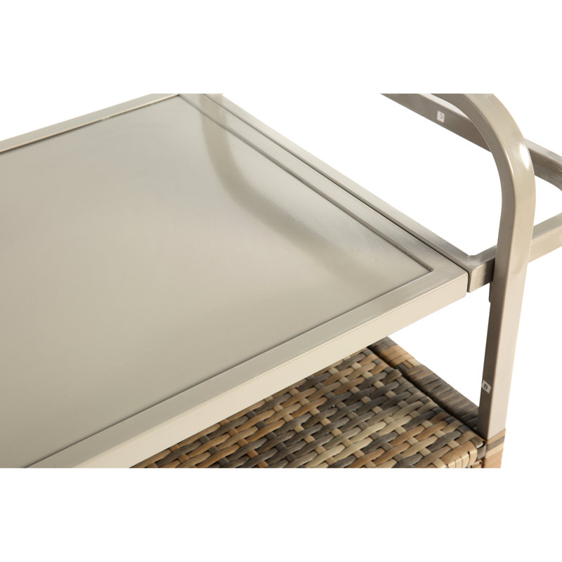 Outdoor Bar Table With Cabinet & Convenient Wheels - Beige Patio Serving Cart, Steel Top, Lockable, All-Weather, Side Basket, Easy Assembly Instructions Cart Top Table, , Lockable Wheels, Simple