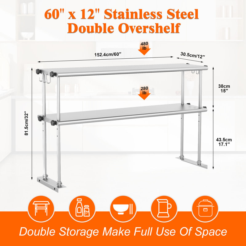 Tablette de rangement de cuisine, acier inoxydable, organisateur de comptoir réglable, argent, construction solide et durable