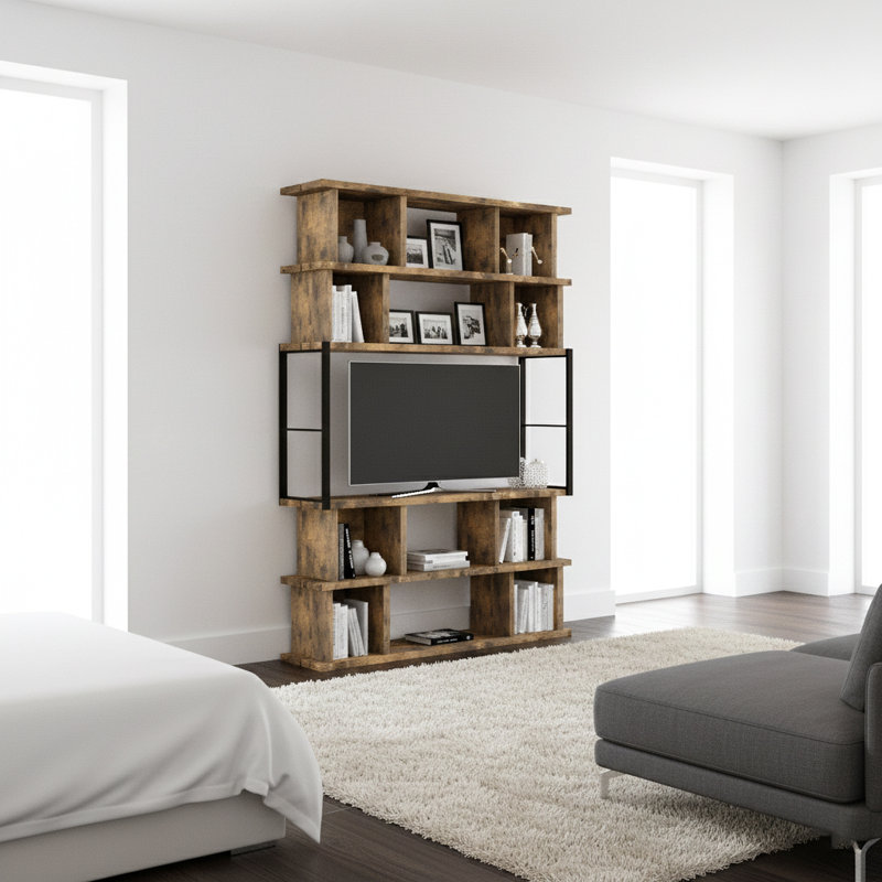 86" Industrial Rustic Brown 3-tier Room Divider Bookcase With Integrated Tv Mount