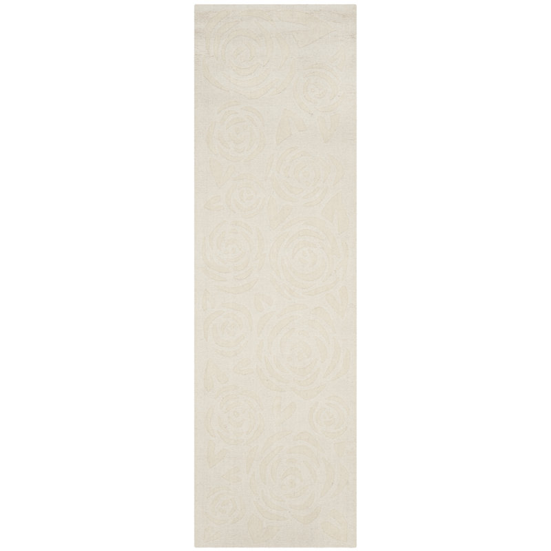 Tapis beige en laine touffeté à la main Block Rose, Tapis de couloir 2 pi 3 po x 8 pi