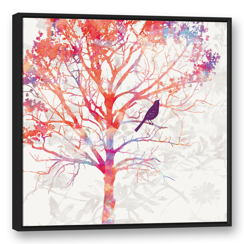 «Bird in Red Tree», reproduction d'art sur toile tendue à l'aquarelle, H 12 po x l 12 po, Cadre noir