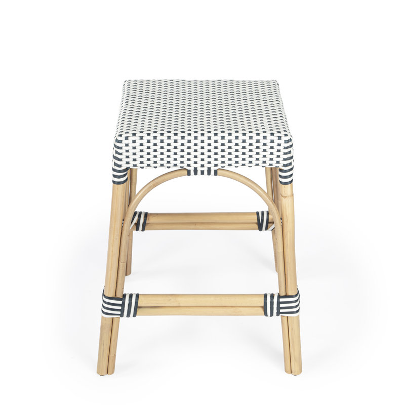 Tabouret de comptoir / de bar Lennart, Blanc / point marine / cadre en rotin naturel