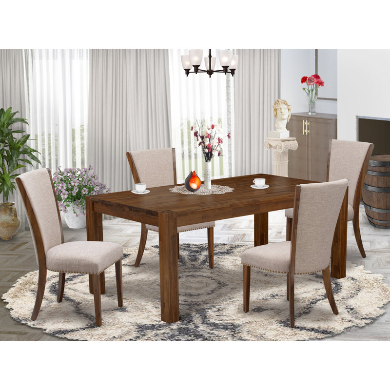 5 Piece Dining Room Furniture Set Includes a Rectangle Rustic Wood Dining Table and 4 Light Tan Linen Fabric Parsons Chairs, Antique Walnut