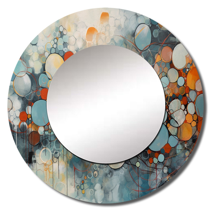 Illusions géométriques orange et bleu Olina - miroir décoratif géométrique, miroir mural rond moderne, impression d'art en métal